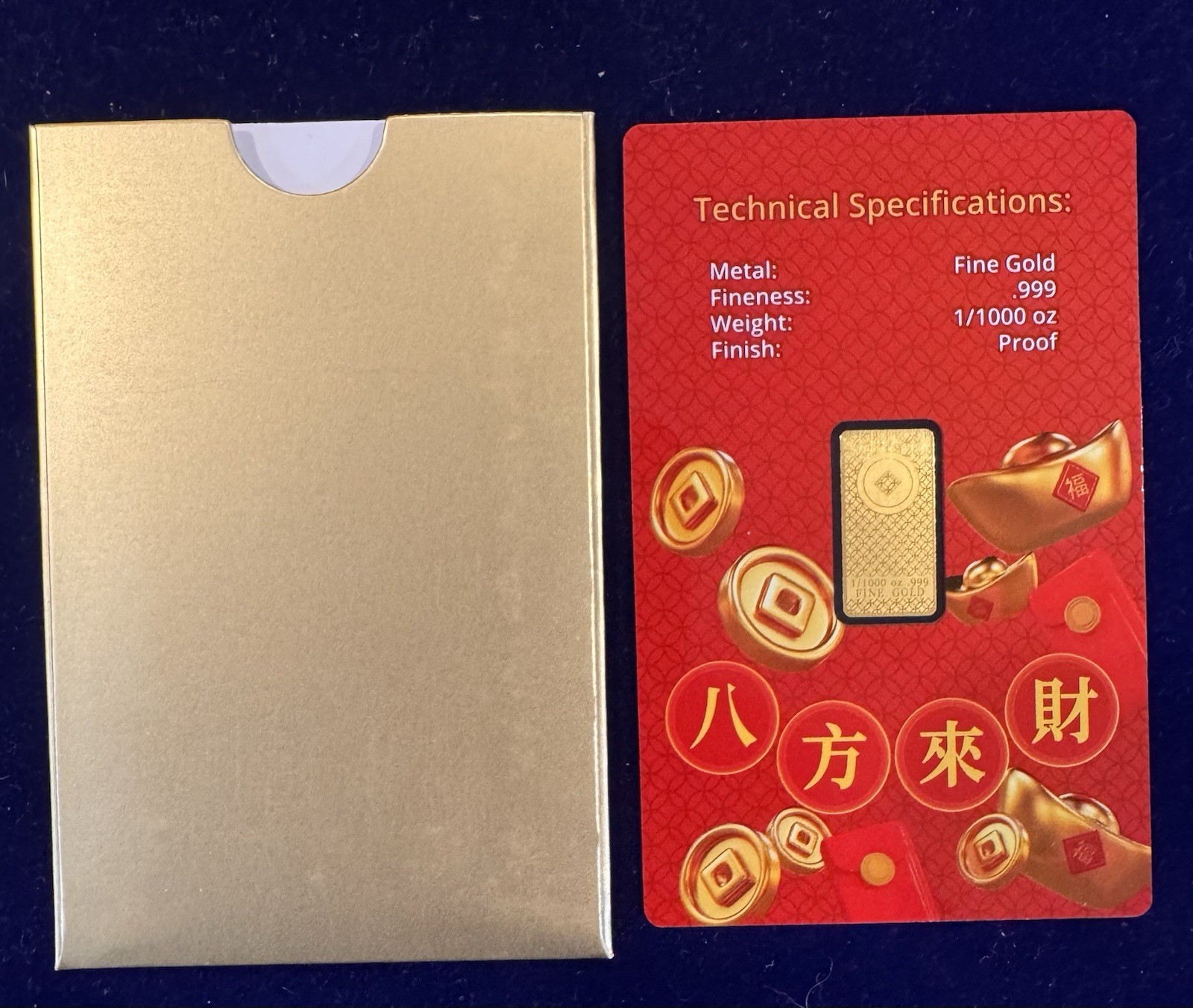 God of Wealth .999 Fine Gold Bar 1/1000 oz Proof in Card w/ Sleeve