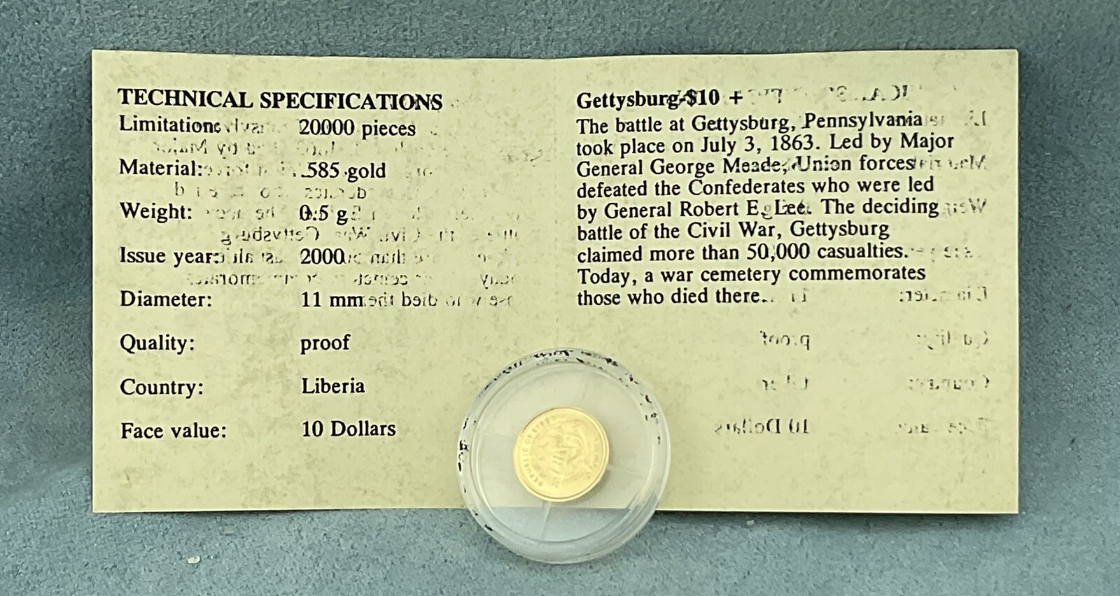 American Mint 0.5 Gram 14K Gold Proof Round Symbols of Freedom “Civil War” w/COA