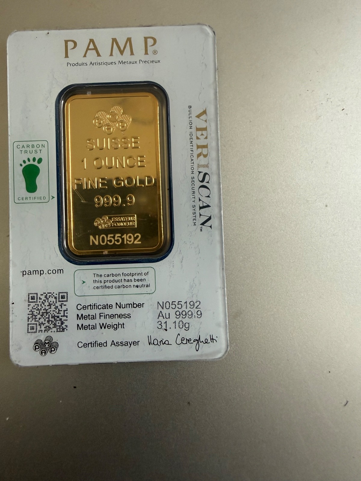1 oz Gold Bar PAMP Suisse Lady Fortuna Veriscan (In Assay) .9999 Fine