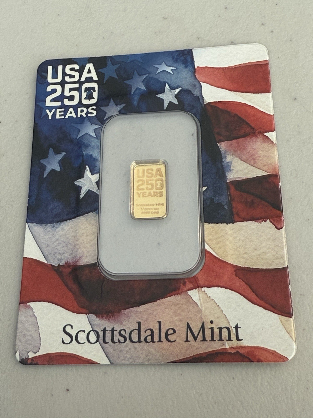 1/100 oz .9999 Gold Bar – USA 250th Anniversary (in Certi-Lock®)