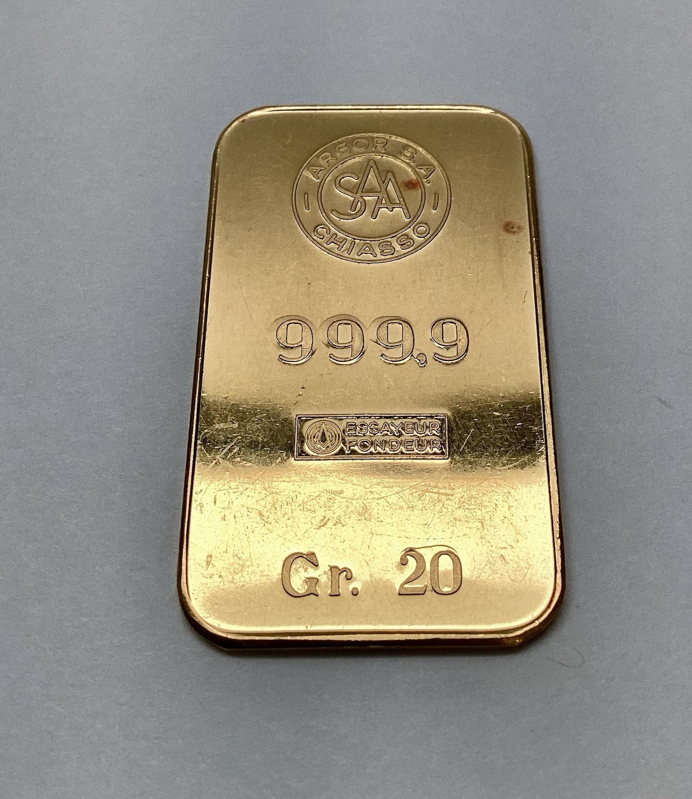 Vintage Argor SA Chiasso 20 Gram 999.9 Gold Bar