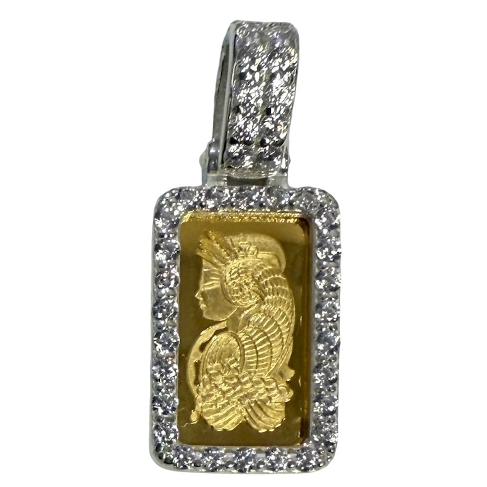 Pamp Suisse Fortuna 1 g Bar Pendant with Sterling Silver Cubic Zirconia Bezel
