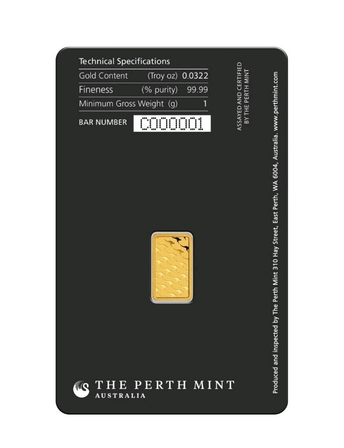 Kangaroo 1 gram Gold Minted Bar Tamper Proof Packaging Perth Mint Bar BU 99.99%