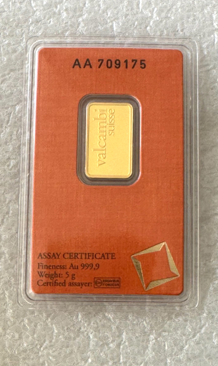Valcambi Mint 5 gram gold bar in New Assay card of 999.9 fine gold 5g bar