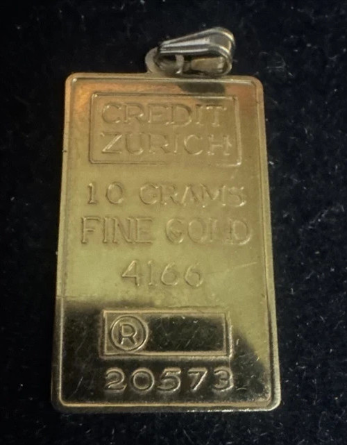 SOLID FINE 10K GOLD .416 BAR 1 GRAM INGOT CREDIT ZURICH PENDANT 2MM BAIL CHARM