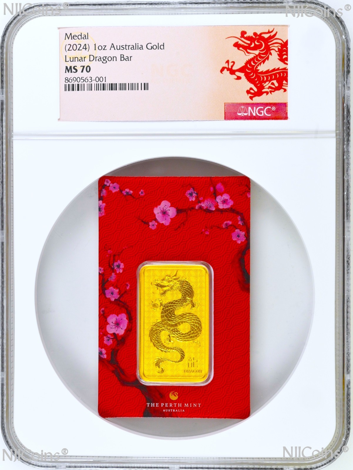 2024 Year of the Dragon 1oz .9999 Gold Perth Minted Bar NGC MS70 Original Card