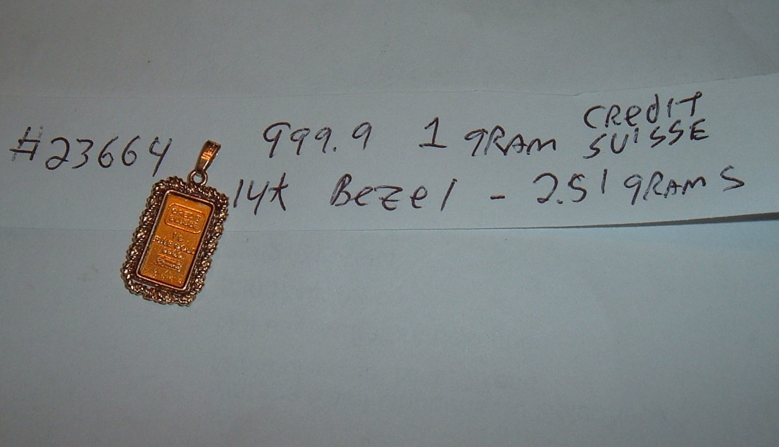 24K GOLD Credit Suisse 999.9 FINE INGOT BAR 14K ROPE BEZEL PENDANT CHAIN 2.51g
