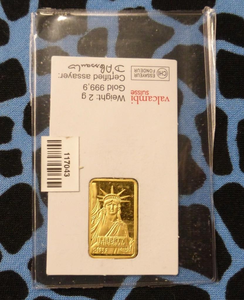 2 Gram .9999 Fine Gold Statue of Liberty Bar, 2g Gold Bar, 1985 Valcambi Suisse