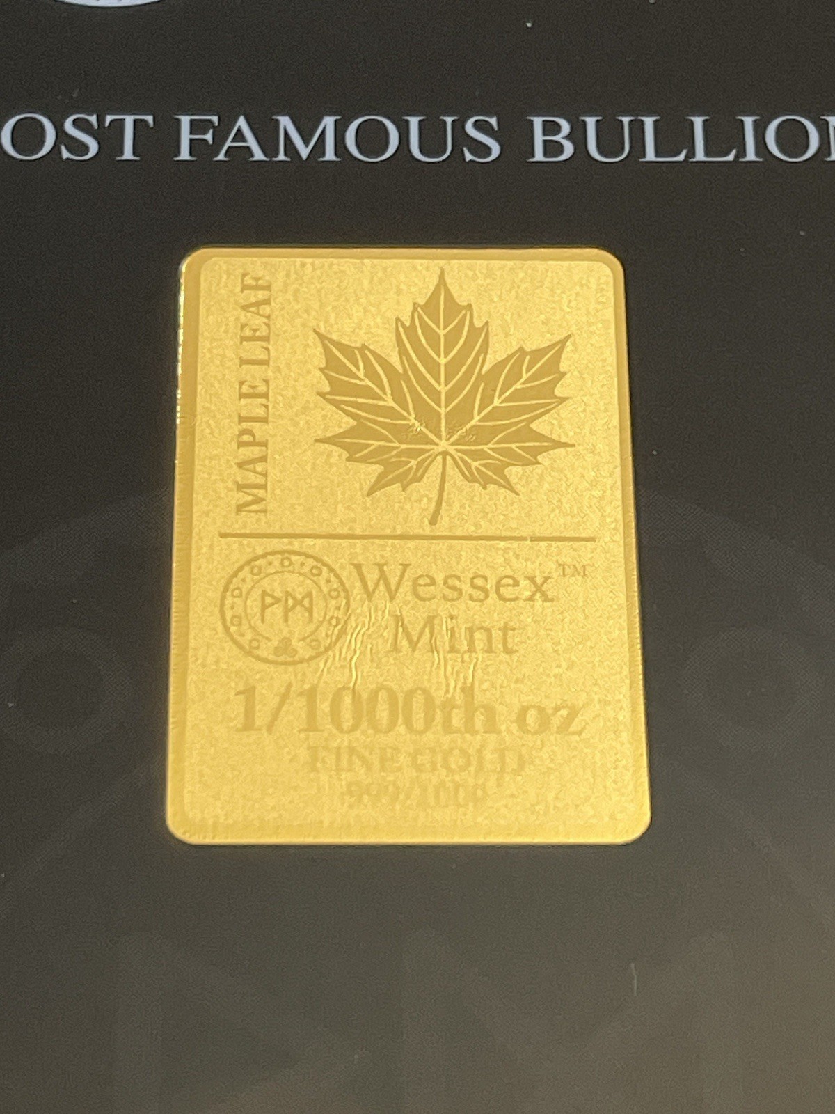 Wessex Mint Maple Leaf 1/1000th oz Fine Gold Bullion Bar With COA