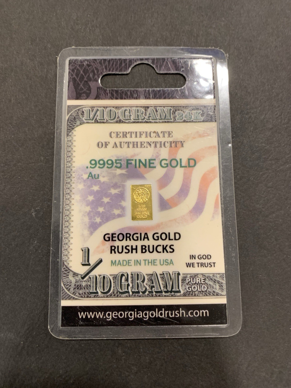 GEORGIA GOLD RUSH BUCKS 1/10 GRAM GOLD BAR .9995 24K FINE GOLD BULLION SKU 82582