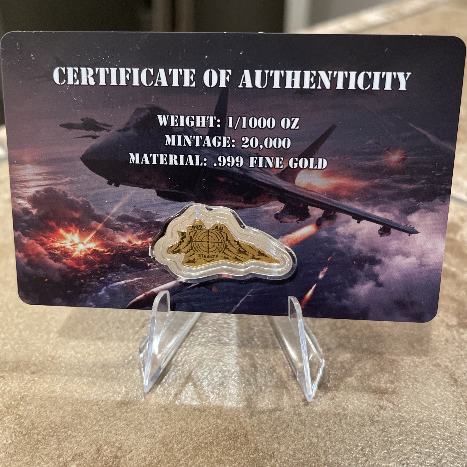 CERTIFICATE OF AUTHENTICITY 1/1000 Oz Gold US Fighter Jet Art Bar .999 Fine