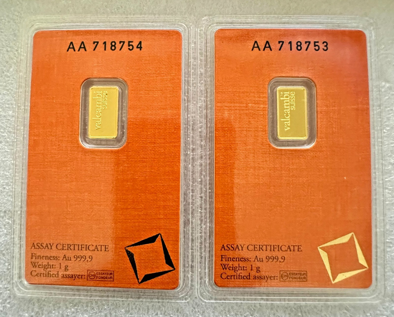 2) 1 gram Gold Bar Valcambi Suisse – 999.9 Fine in Assay Consecutive Numbers AA