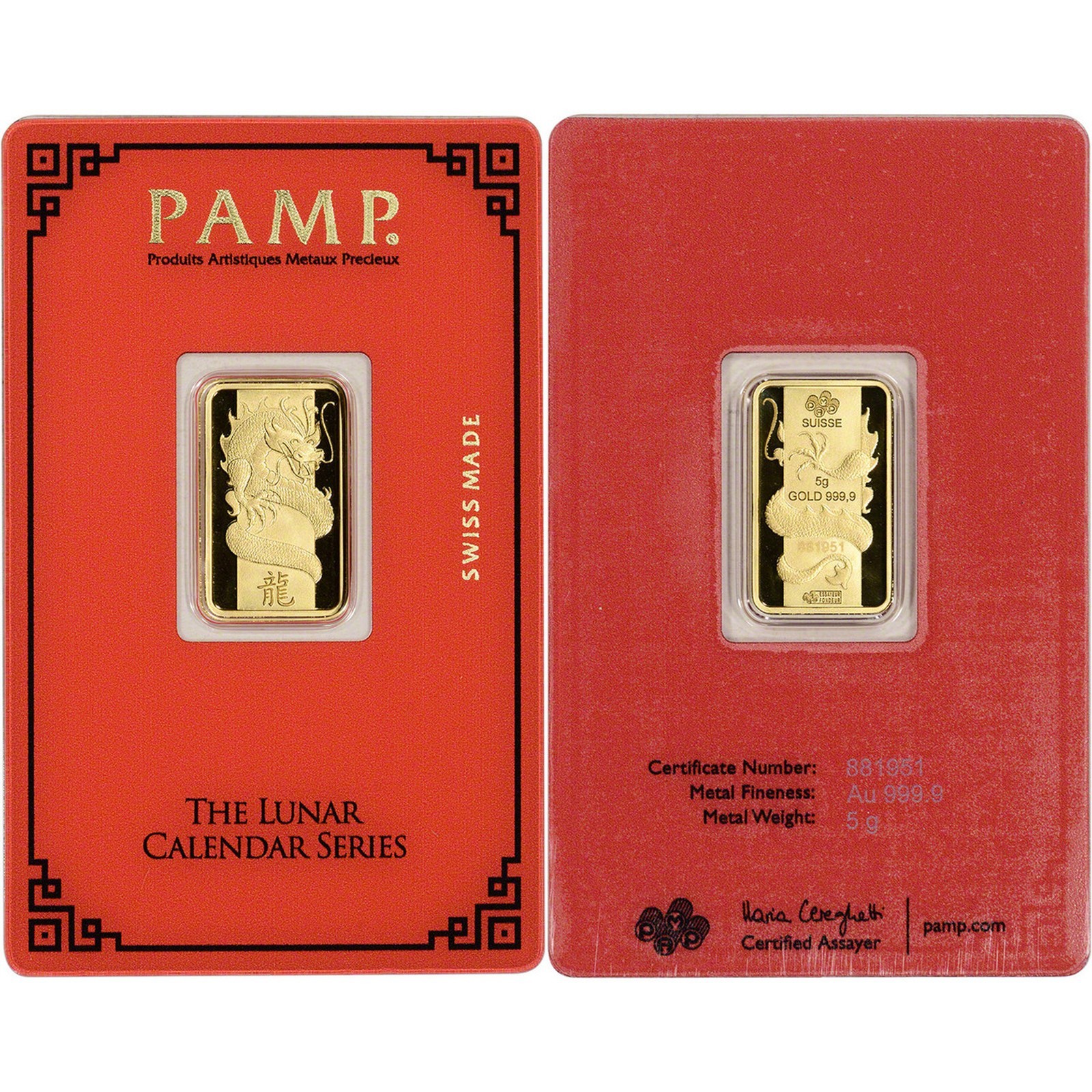 PAMP Suisse 5g Gold Year of the Dragon – The Lunar Calendar Series. New in Assay
