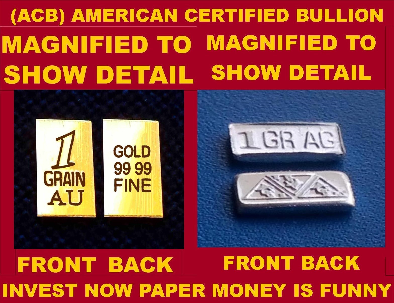 ACB INGOT GOLD & SILVER BULLION 1GRAIN BARS 999 FINE COMBO PACK Au & Ag COA +!