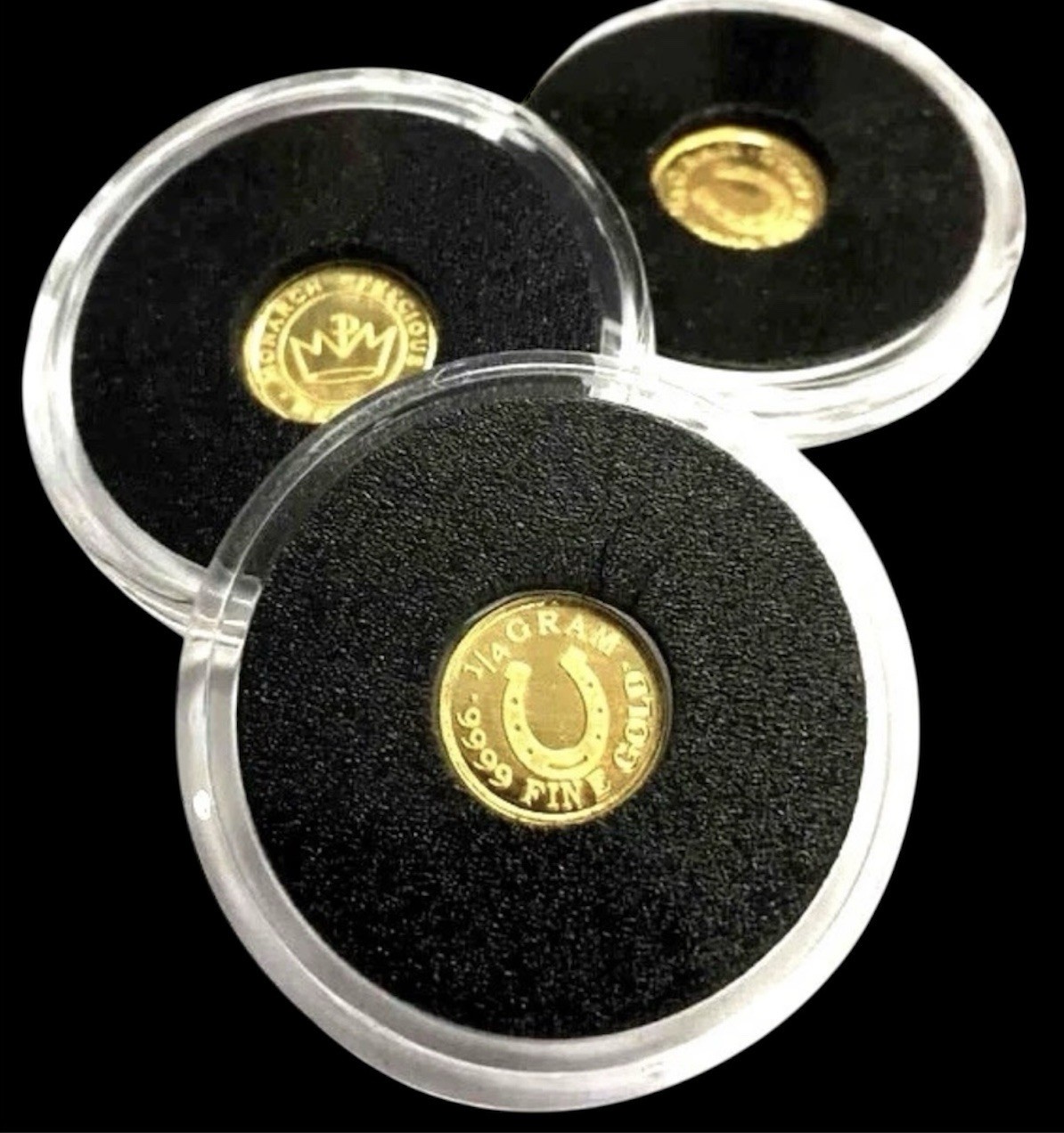 LOT X 2 MONARCH LUCKY HORSESHOE 1/4 GRAM .9999 FINE GOLD ROUNDS IN CAPSULE BU
