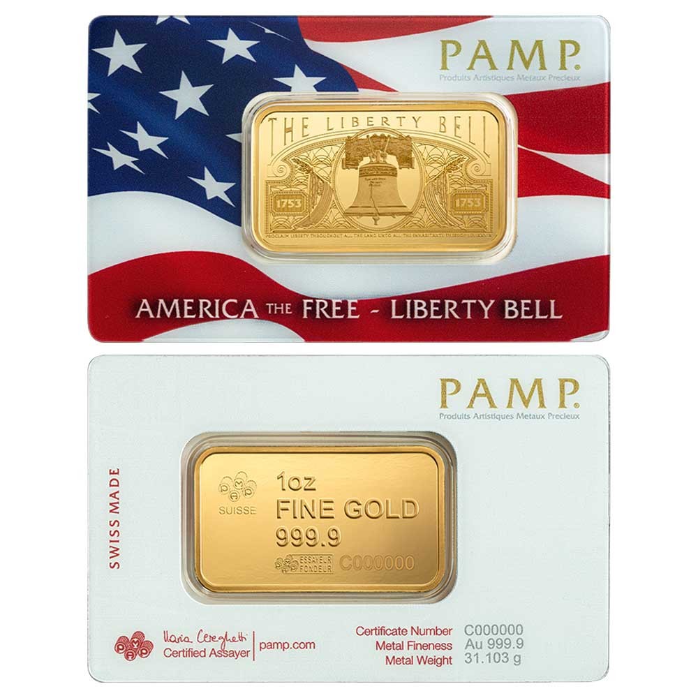 1 Troy oz Pamp Liberty Bell Gold Bar .9999 Fine