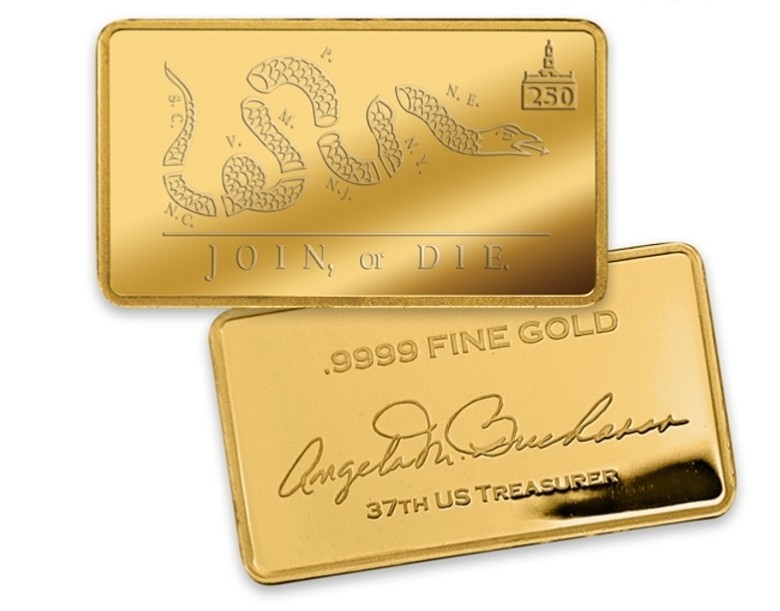 American Pure Gold Bar America Join Or Die .9999 Pure Gold