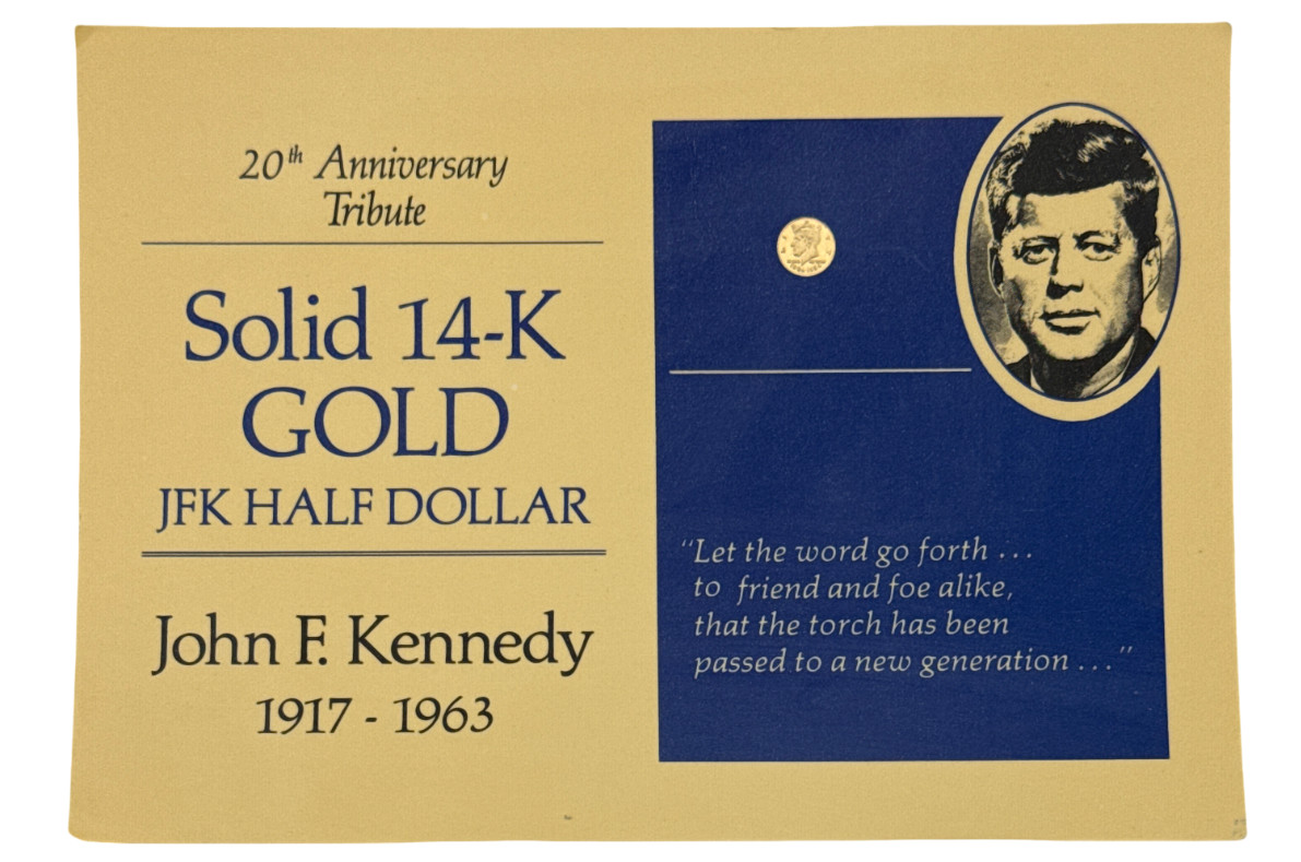 JFK 20TH ANNIVERSARY TRIBUTE SOLID 14K GOLD HALF DOLLARS COA ( ON CARD BACK)