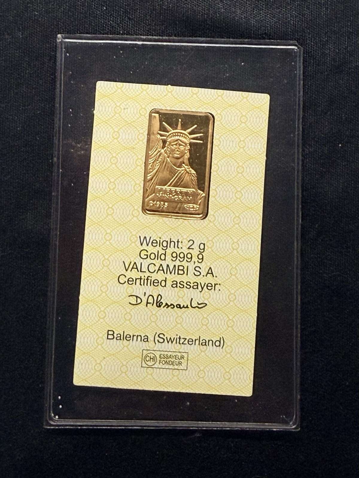 2 Gram Credit Suisse Gold Bar Certified 999.9 Valcambi W/Assay Card. VINTAGE