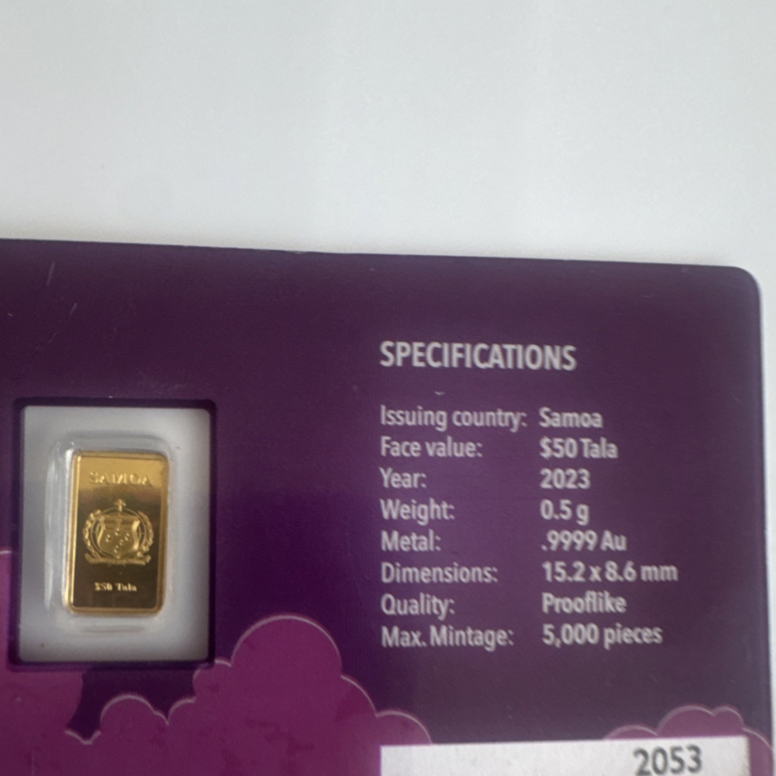 Samoa 2023 Guardian Angel Special Edition Gold Bar 0.5g .9999 Fine