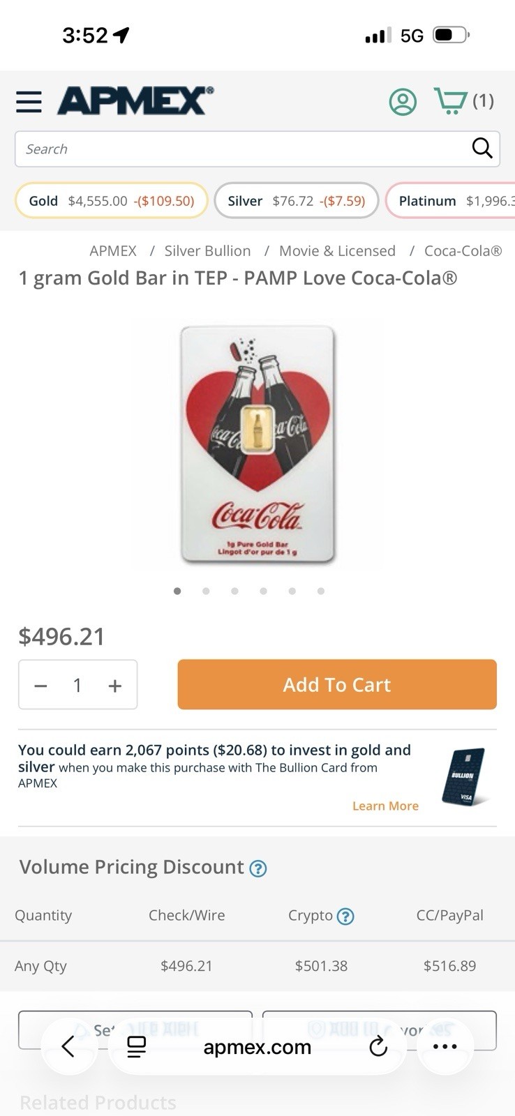 1g Gold Bar PAMP Suisse Coca-Cola Card .9999 Fine Gold Sealed Assay
