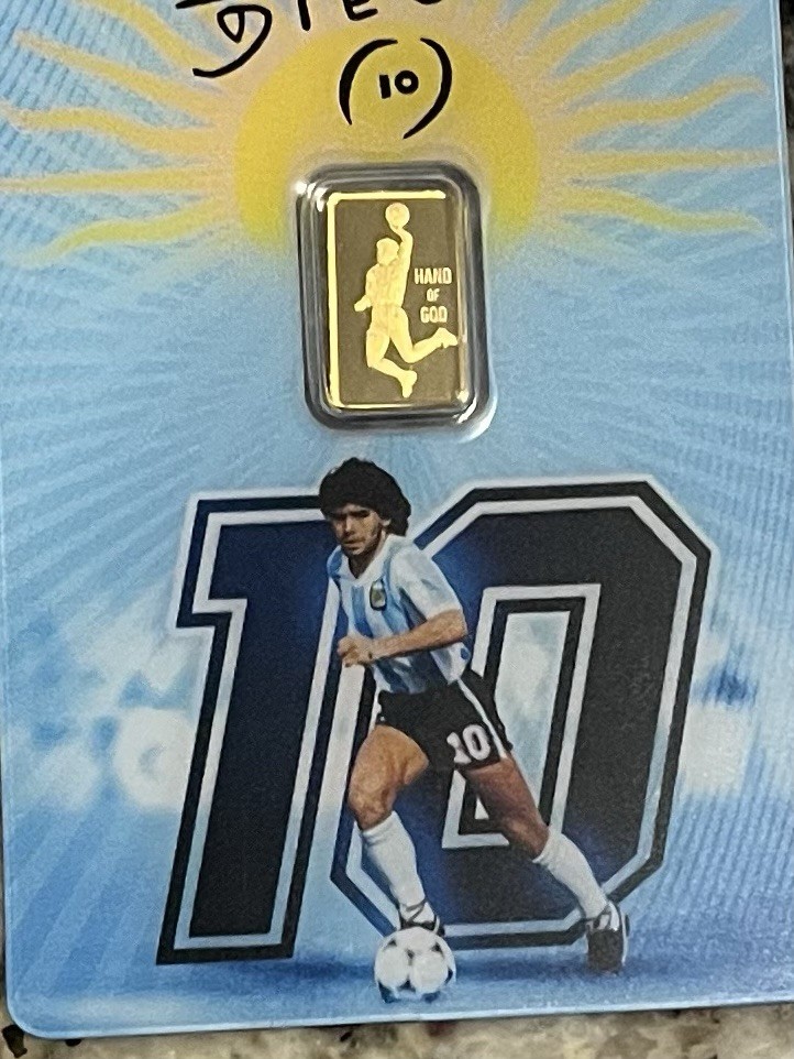 Pamp 1g Gold Bar Diego Maradona Hand of God certificate number 3784/15,000