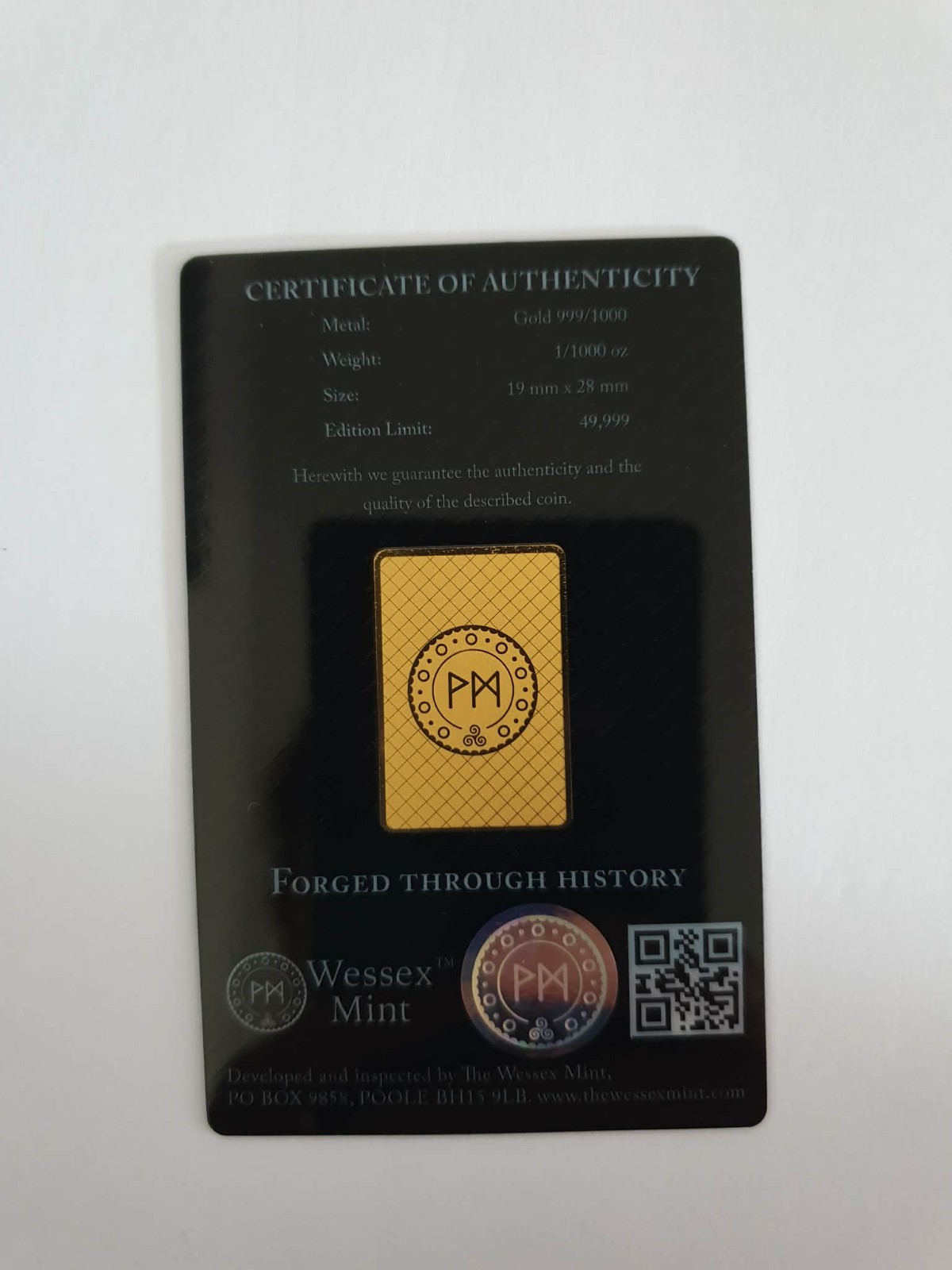 1/1000 oz Panda Design 24K Pure 999/1000 Gold Bar- Wessex Mint. LBMA CERTIFICATE