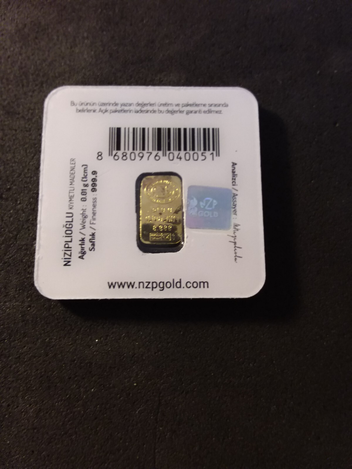 1 X .01 Gram 999.9% 24 karat solid gold. sigma verified. Special hologram.