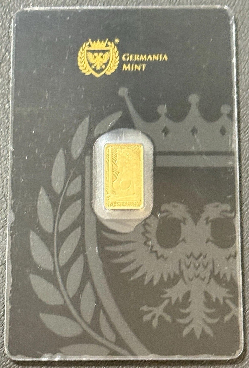 1/100th Oz .9999 Gold Germania Mint Lady Germania Assay Carded Gold Bar!!