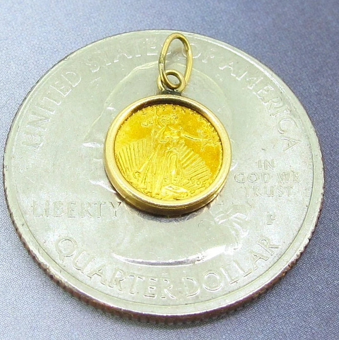 1908 Mini Lady Liberty 22K St. Gaudens Gold Coin in 14k Yellow Gold Frame Bezel