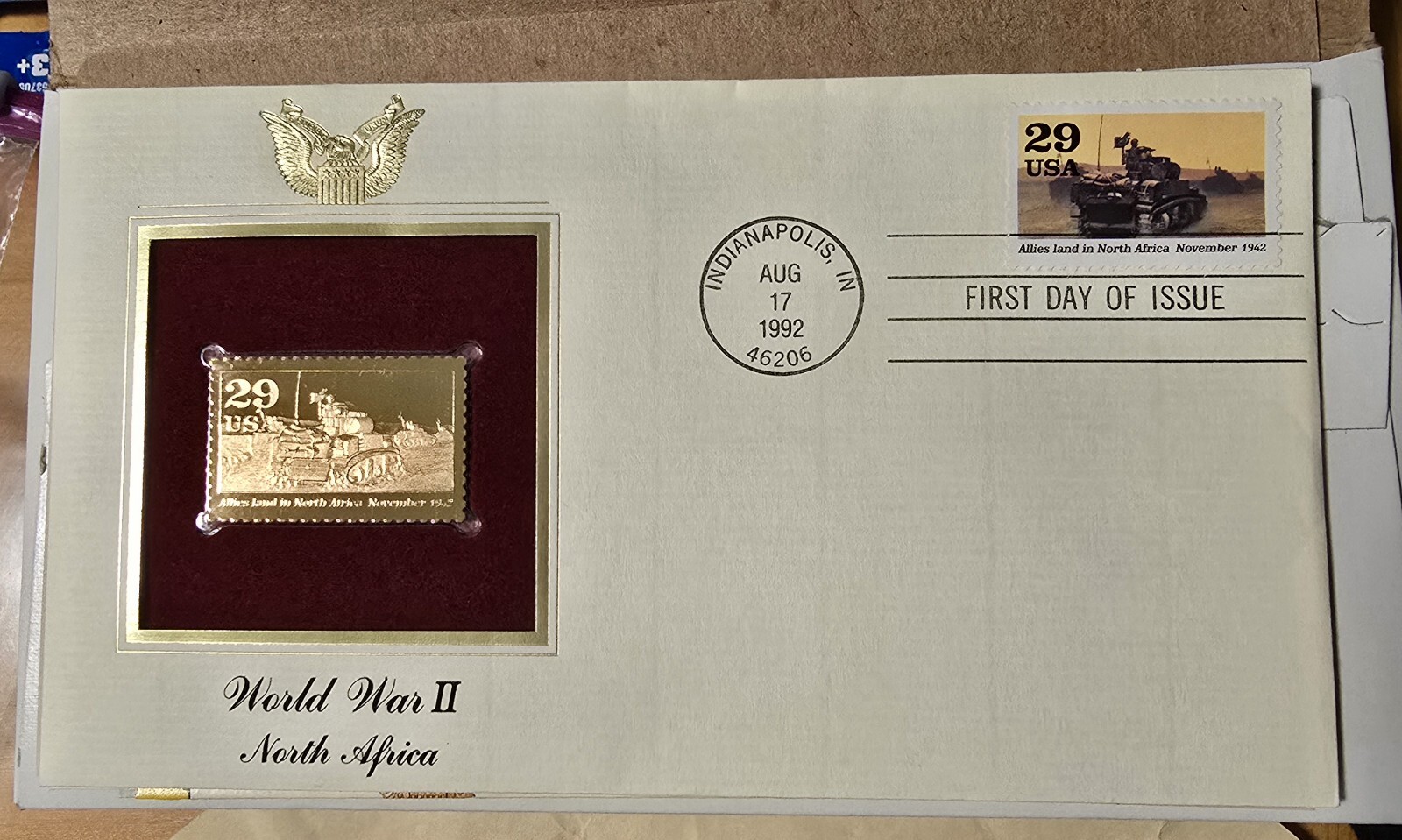 Allies Land in North Africa Tank 1942 WORLD WAR II 22KT GOLD STAMP COMMEM #8 +PW
