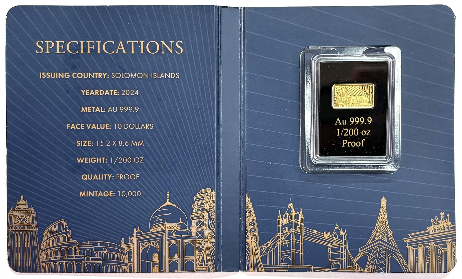 2024 LANDMARKS OF THE WORLD ROME GOLD 1/200 oz .9999 FINE PROOF BAR IN CARD