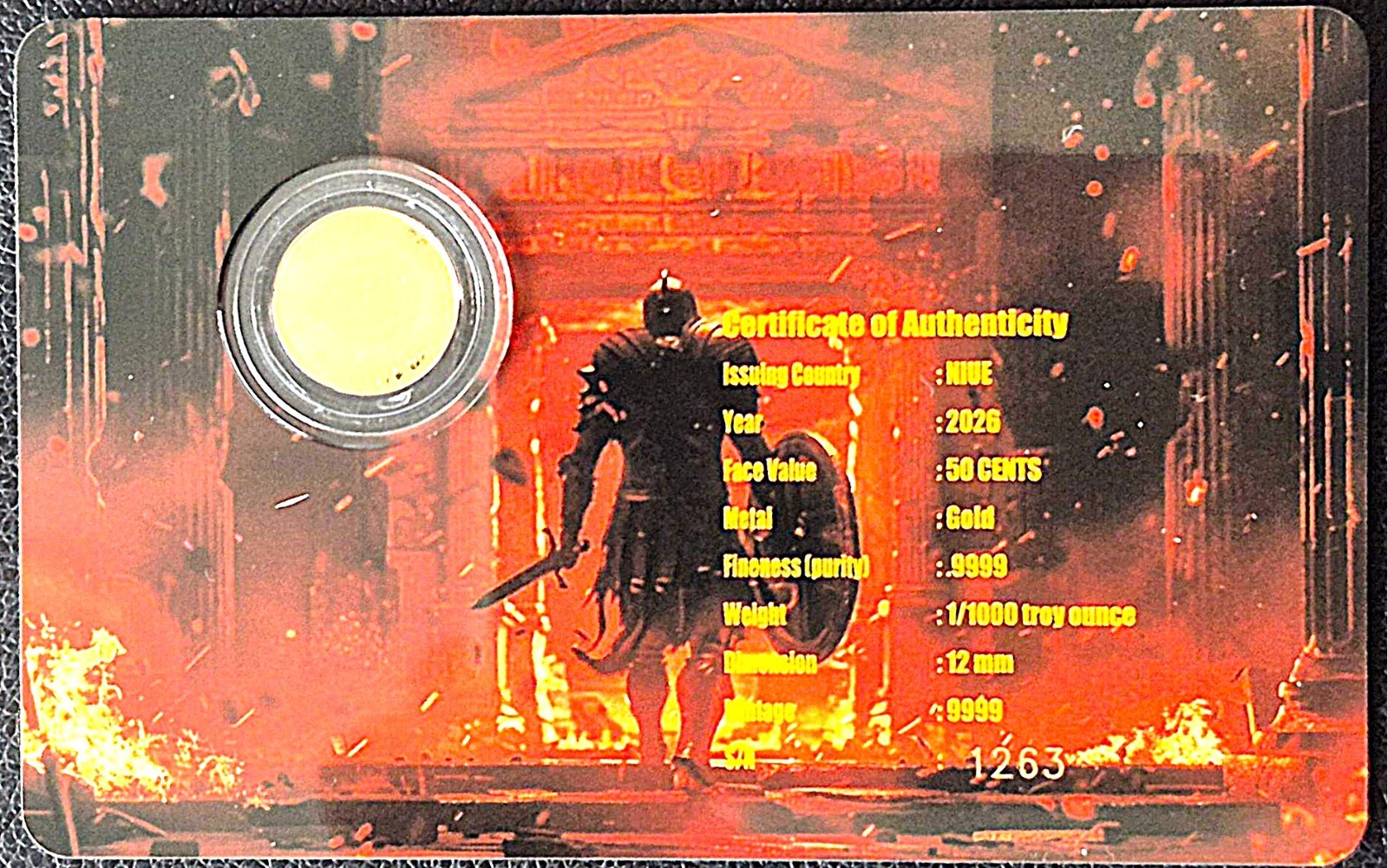 2026 NIUE 50C 1/1000th TROY Oz .999 FINE GOLD GOD OF WAR C.O.A. #1264