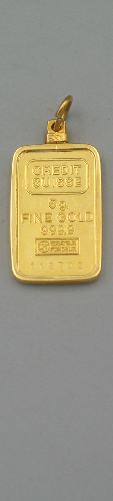 Credit Suisse 5 Gram 999.9 Fine Gold Bar Bullion Pendant With 14K Bezel