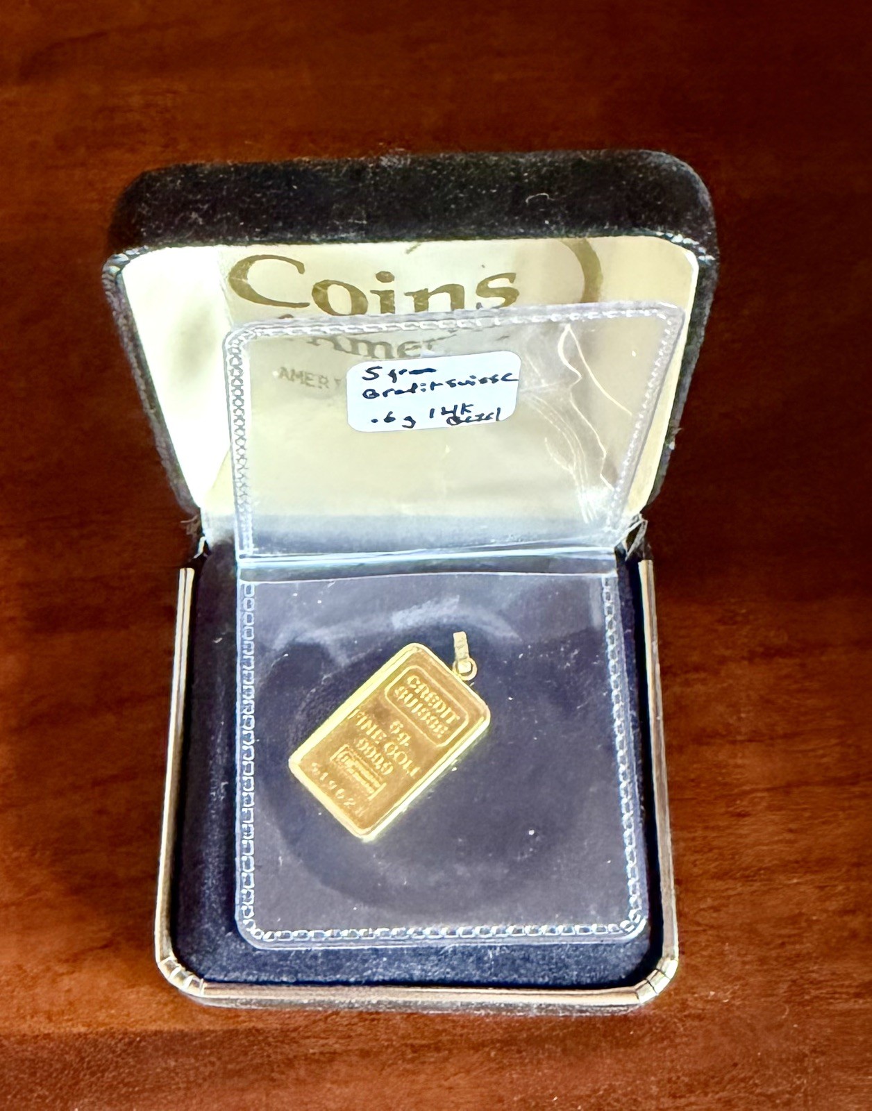 CREDIT SUISSE 5 GRAM 999.9 FINE 24k GOLD BAR BULLION PENDANT W/.6 G 14K Bezel