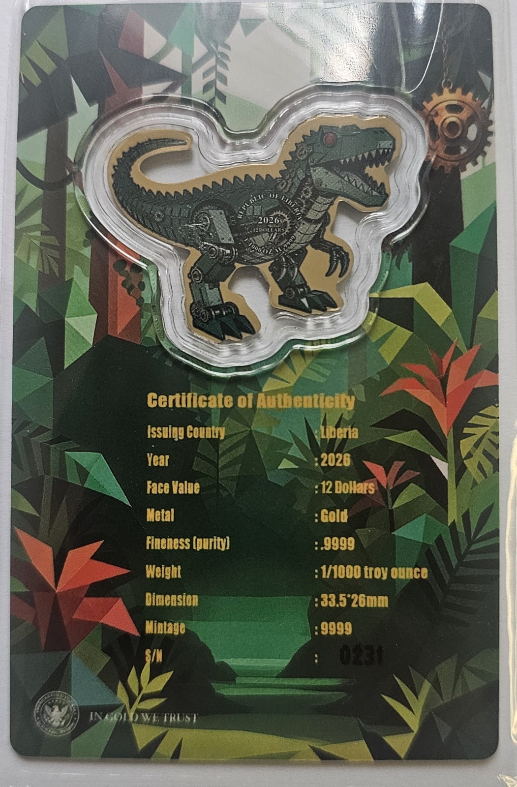 Liberia Polygon T-Rex 1/1000 oz Gold Coin