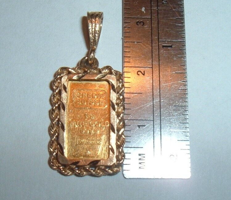 24K GOLD Credit Suisse 999.9 FINE INGOT BAR 14K ROPE BEZEL PENDANT CHAIN 2.73g
