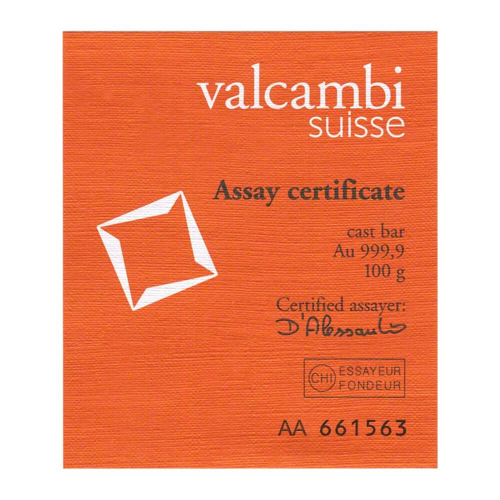 100 gram Gold Bar – Valcambi Suisse – Cast – 999.9 Fine with Assay Certificate