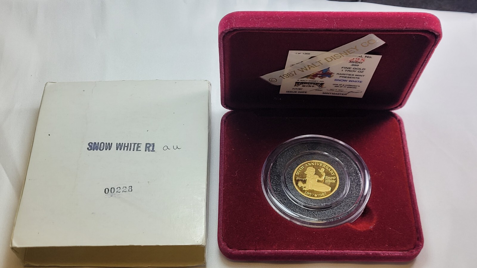 1987 Rarities Mint Snow White 50th Anniv 1 Troy Ounce .999 Fine Gold Round 0228