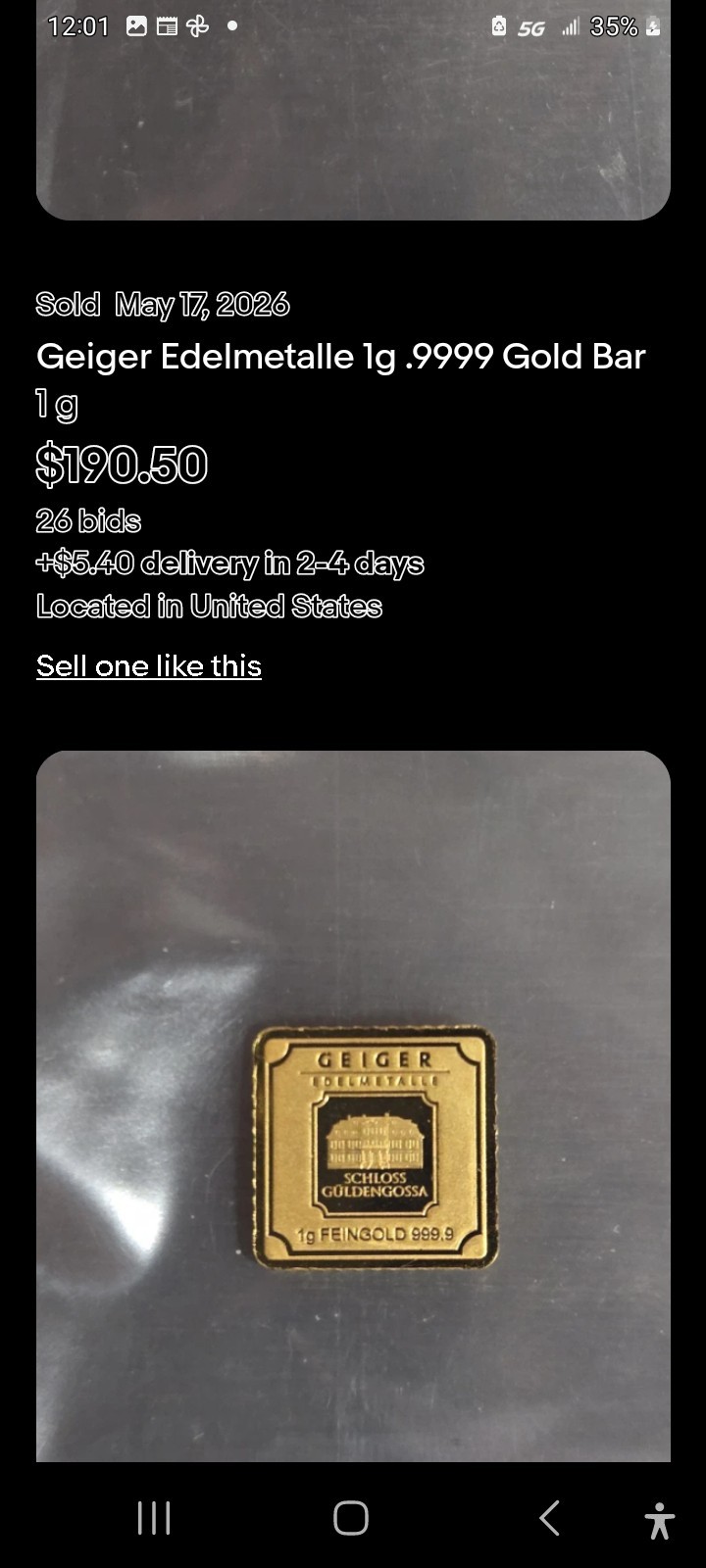 Geiger Gold 1 gram .999 Loose Bar (stock photo)