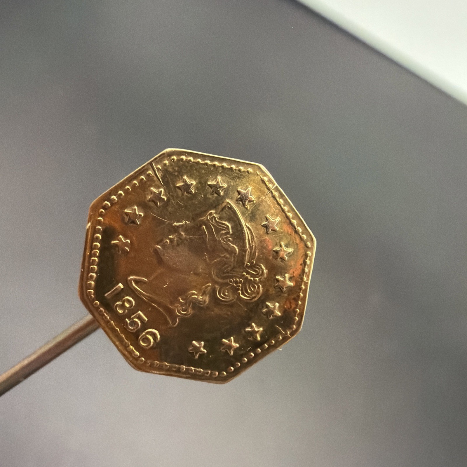 1856 – Liberty Head/Bear. 1/2 California Gold Fractional token octg lapel pin