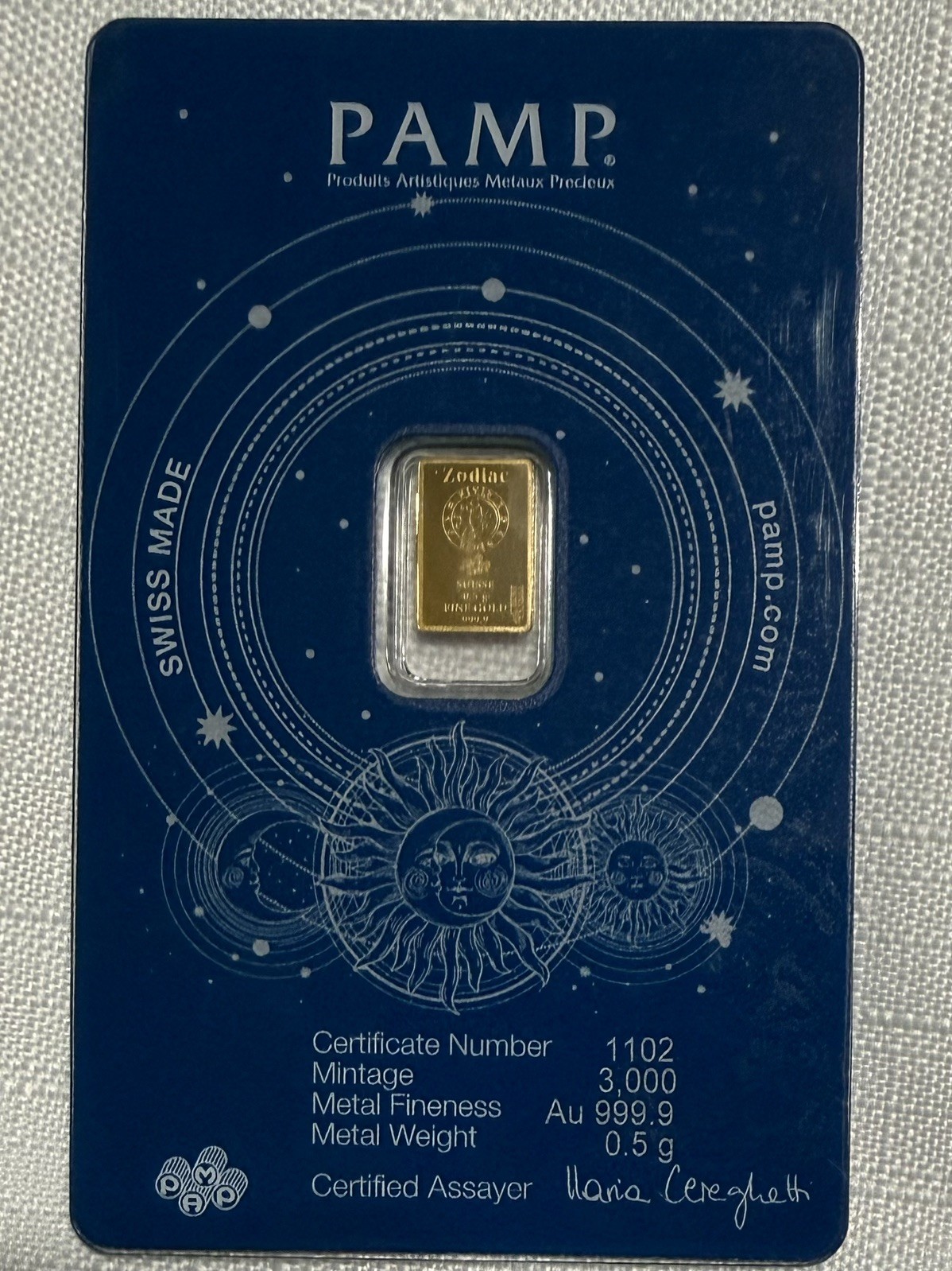 PAMP SUISSE .9999 PURE GOLD BAR Assay Card 3000 MINTED VIRGO 1/2 Gram Zodiac .5g