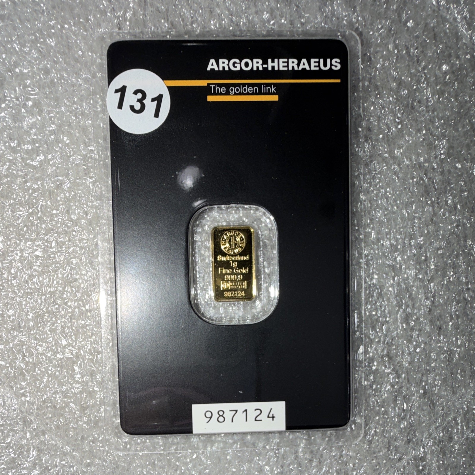 Argor-Heraeus 1g 999.9 Fine Gold Bar Assay Card 2014 Total Gold Content 1g