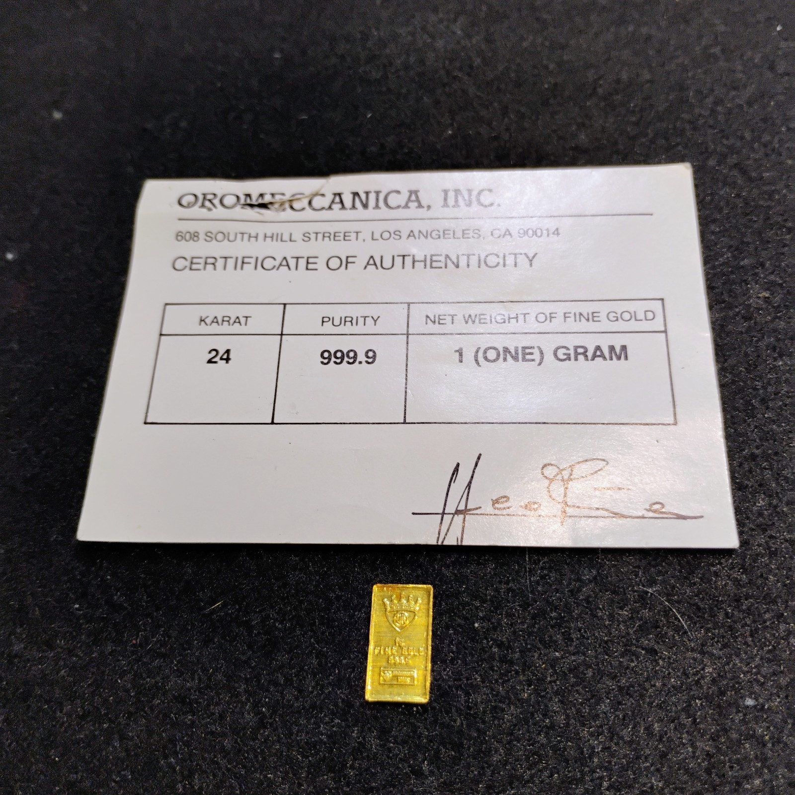ITALY ~ 1 gram 999.9 GOLD BAR ~ WITH COA