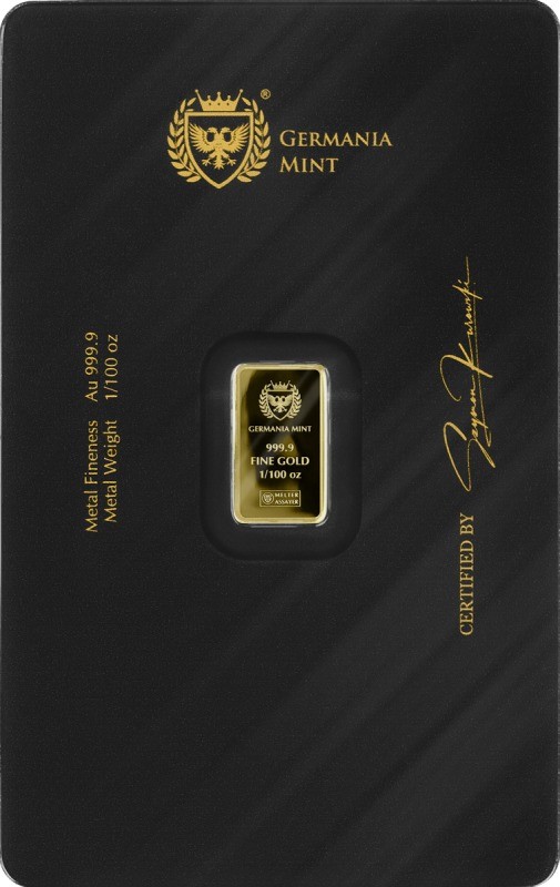 Germania Mint 1/100 Gold Lady Germania Stamped Proof Bar in Card