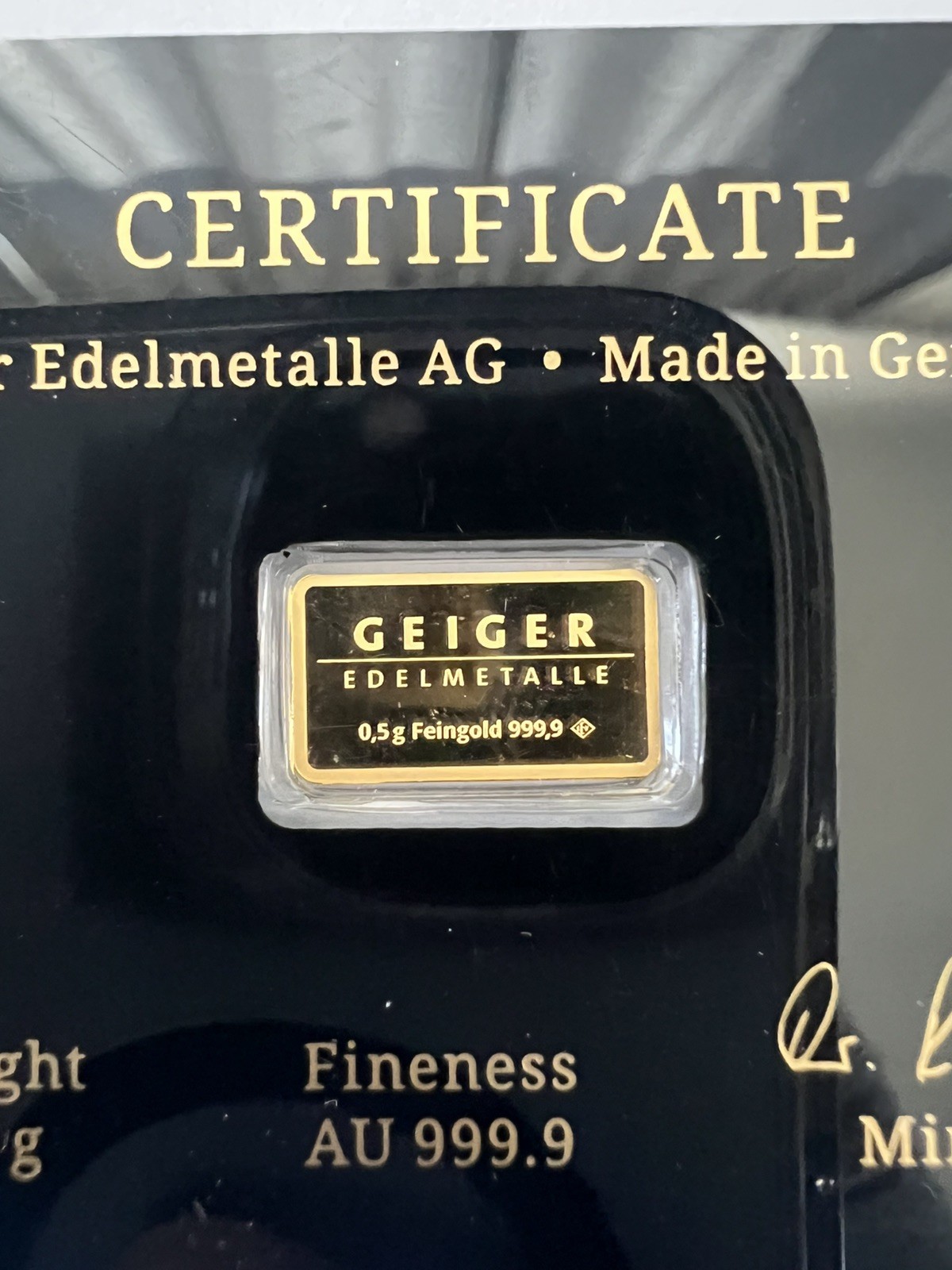 Geiger Schloss Guldengossa Vintage Edition Carded Gold Bar .5 Gram .999 Fine