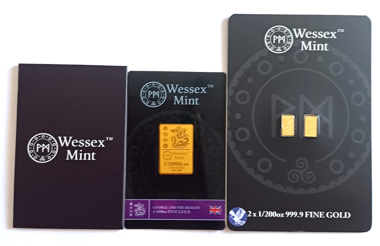 Wessex Mint 1/1000oz George & the Dragon & 2 x 1/200oz Eagle Fine 999 Gold Bars