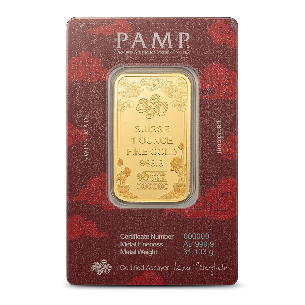 1 oz PAMP Suisse Gold Good Luck Yellow Dragon Bar (New w/ Assay)
