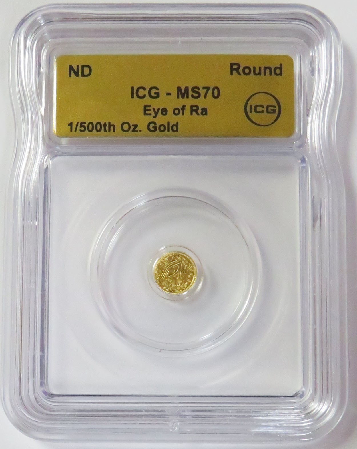 EYE OF RA GOLD 1/500oz 9999 FINE ROUND ICG MS 70