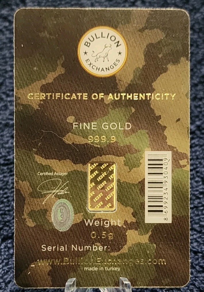 1/2 Gram .5 IGR Support Our Troops 999.9 Fine Gold Bar Factory Seal #BEA12337